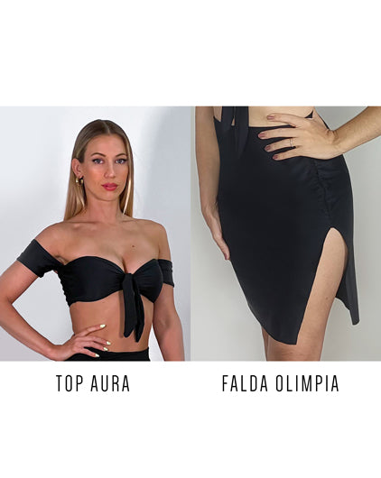 Pack Night Light Negro. Top Aura light + Falda Olimpia.