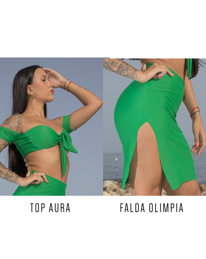 Pack Night Light Verde. Top Aura light + Falda Olimpia.